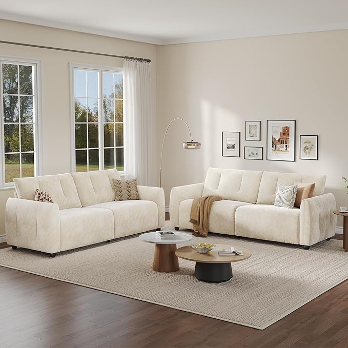 84.5 Inch Loveseat SofaModern Couch and SofaFeather-tip armrest DesignSturdy and Easy InstallationSmall Sofa for Living Room Bedroom Office and ApartmentChenille FabricBeige