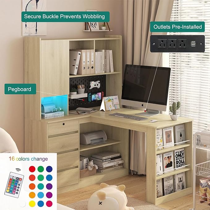 Anwick L Shaped Desk with Hutch Corner Computer Desk with Charging Station &amp Bookshelf &amp File Drawer Standing L Shape Desks for Home Office Bedroom Gaming Room Study Room (Wood)