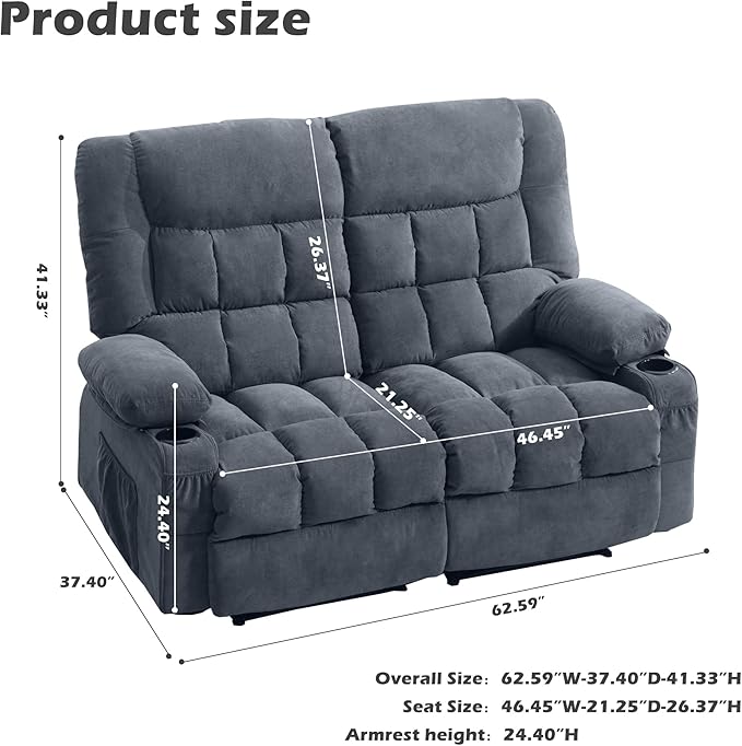 Manual Loveseat Recliner2 Seat Recliner Sofa Chair with 2 Cup Holders for AdultsCouch Set for Living Room BedroomOffice