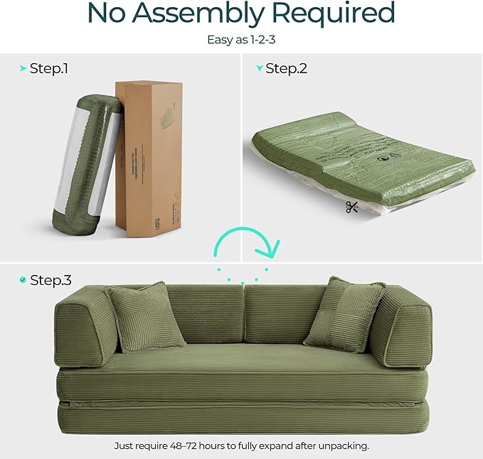 LINSY HOME Sofa Bed Couch - Convertible Boneless Couch Bed with 2 Pillow (Green) | Folding Sofa Bed Corduroy Material No Assembly Compressed Sofa Couch in a Box