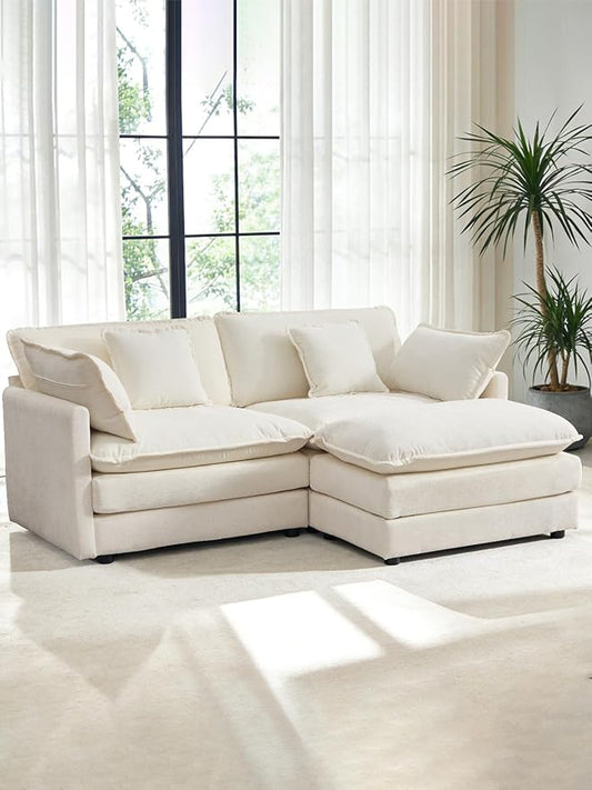 Modular Sectional Sofa Modern Loveseat Sofa Cloud Couch with Movable Ottoman Comfy Chenille Deep Seat L Shaped Couches for Small Living Room Bedroom Apartment Beige White