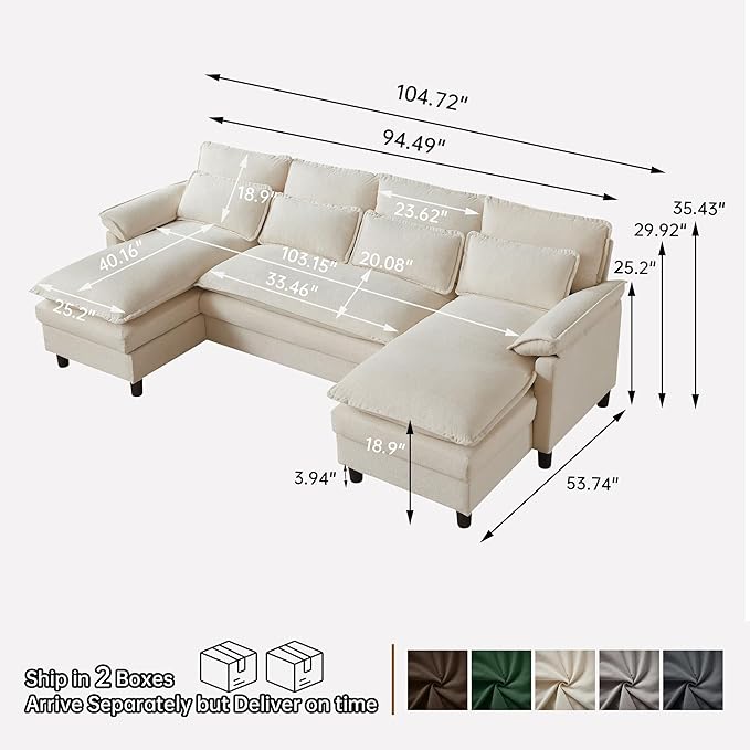 Comfy Cloud Couch Sectional Sofa with Lumbar Pillows 105 Modern U-Shaped Cloud Sofa with Double Chaise &amp Deep Seat Sectional Couches for Living Room Office Easy Assembly Beige