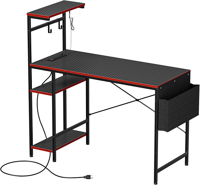 Computer Desk 44 Inch Electric Standing Desk Led Gaming Table with Power Outlets Hooks and Storage Bag 4 Tiers Reversible Shelve Writing Work Study for Student Teacher Office Home
