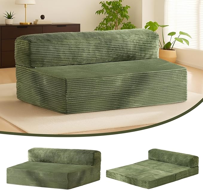 Folding Futon Sofa Bed Full Size 6 inch Convertible Floor Couch Bed with Removable Corduroy Cover Pull Out Couch for Small Spaces High-Density FoamGreen
