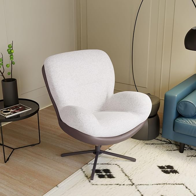 360° Swivel Office Chair Modern Chenille Chair with Faux Leather and Black Metal Base e No Wheels Accent Chair for Small Spaces Living Room Bedroom Reading Corner Office (White)