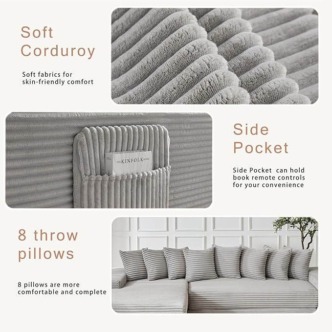 110 L-Shaped Modular Sectional Sofa with Chaise Lounge Corduroy Oversized Convertible Floor Sleeper Sofa Bed with 8 Pillows Modern Deep Seat Boneless Couches (Light Gray 110 + Right Chaise)