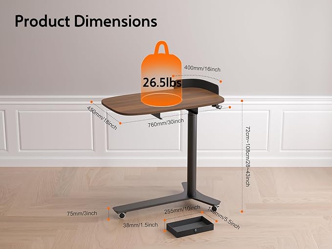 KINGSMITH Height Adjustable Mobile Standing Desk with 360° Swivel Casters 28-43 Pneumatic Rolling Desk with Storage Drawer Perfect for Home Office Bedroom Living Room Dark Walnut