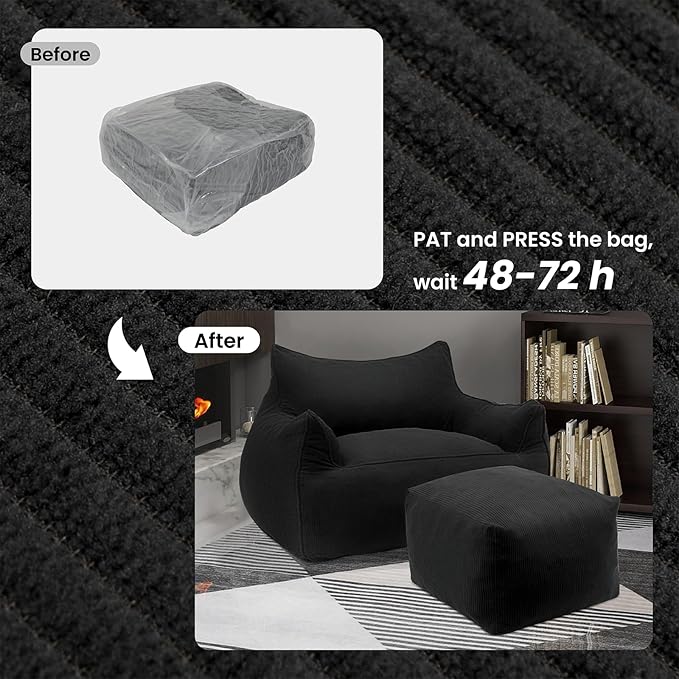 YOURLITE Bean Bag Chair for Adults with Footrest High-Resilience Foam Filled Bean Bag Sofa with Armrests and Backrest Comfy Corduroy Floor Sofa for Living Room Bedroom or Balcony (Dark Grey)