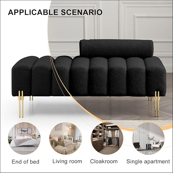 53.2 Modern Loveseat Sofa CouchUpholstered Couch Bench with Golden Legs and Adjustable BackrestSherpa Small Couches for Living Room Bedroom Office (Black)