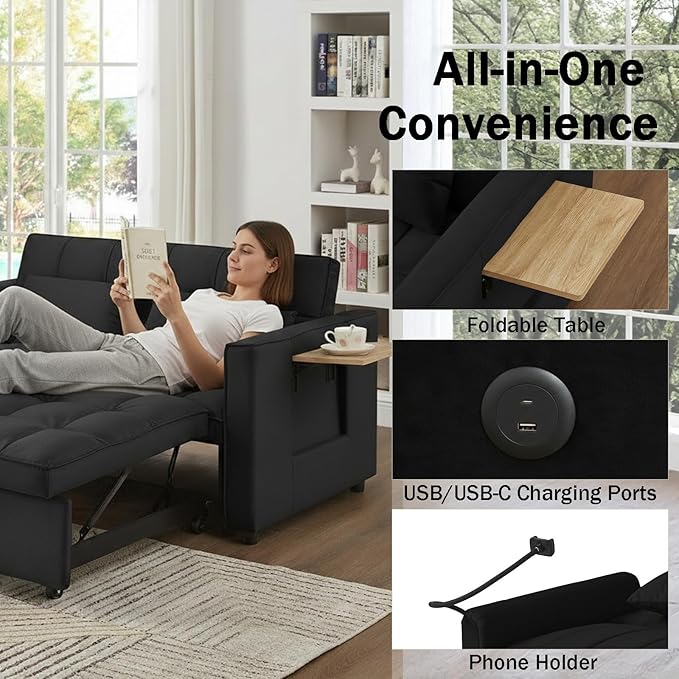 3 in 1 Convertible Sleeper Sofa Bed Pull Out Couch Bed with USB Ports Foldable Tables &amp Phone Stand Adjustable Backrest Velvet Loveseat Futon Couch for Living Room Bedroom Samll Space Black
