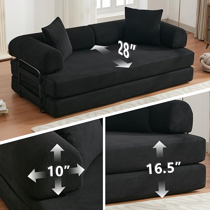 Convertible Folding Sofa Bed Modular Floor Sofa with Removable Backrest Corduroy Folding Mattress Couch with Fixed-Shape Frame for Living Room Bedroom Lounge (Black)