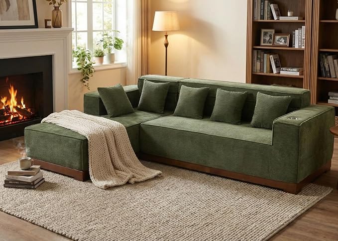 LIKIMIO 110” L-Shaped Sofa with LED Lights Cloud Boneless Couch with Oversized Chaise Deep Seat Built-in Holder &amp Storage Pocket Upholstered Couches for Living Room and Apartment Green