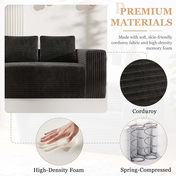 63 Black Boneless Couches for Living Room Compressed Sofa Couch in a Box Corduroy Memory Foam Floor Couch for Adults Memory Foam Deep Seat No Assembly Required (Black)