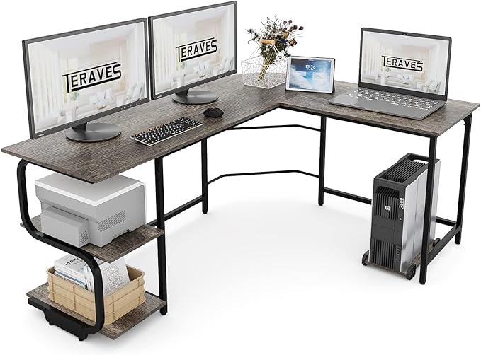 Teraves Reversible L Shaped Desk with Large Surface 61 Inch Sturdy Corner Desk with Storage Shelves Premium Office Computer Desk Workstation for Home Office Gaming