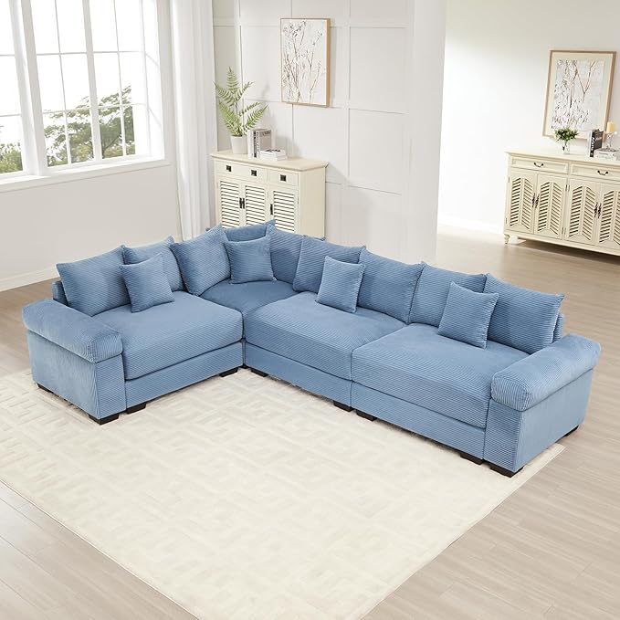 117 Corduroy Sectional Couches for Living Room Blue Comfortable Oversized Sectional Sofa Set with Deep Seat Large 3 Seater Couch with Corner Sofas para Sala Modern Couch Set