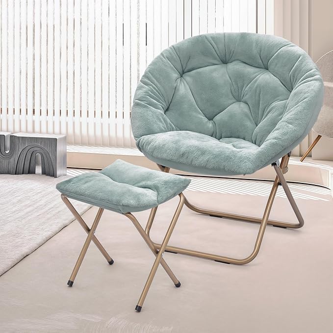 MoNiBloom Round Folding Faux Fur Saucer Chair for Bedroom Living Room Dorm Foldable Metal Frame Oversized Large Comfy Soft Lounge Lazy Cozy Moon Chair with Footrest Ottoman for Adults (Teal Blue)