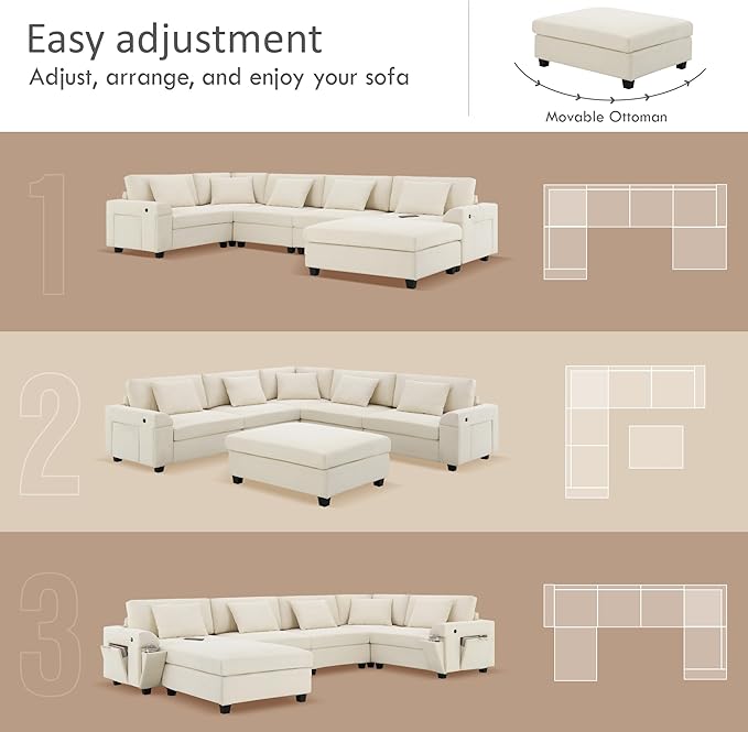 128*67 U Shaped Sectional Sofa 6 Seat Chenille Couch Set with Oversized Ottoman Hidden Armrest Storage and Cup Holders USB Charging Ports Wide Seat Sofa for Living Room Apartment Off White