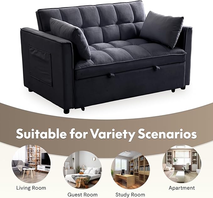 FLEXISPOT XCT4 Pull Out Couch 3-in-1 Sleeper Sofa Bed with Adjustable Backrest Loveseat Sleeper with Pillows &amp Side Pockets Convertible Futon Couch for Small Spaces Guest Room Apartment Black