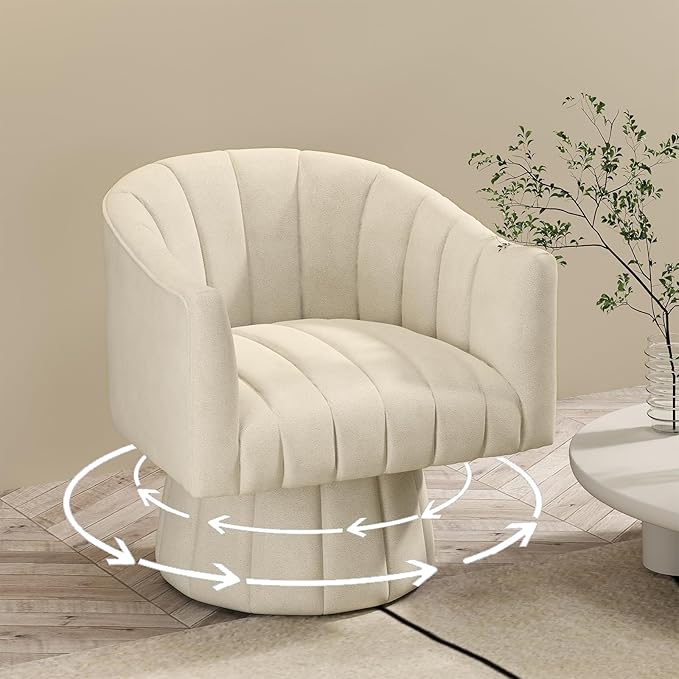 Modern Swivel Accent Chair Velvet Corner Chair Comfy Round Barrel Chair Cozy Armchair for Living Room Bedroom Office Spaces - Beige