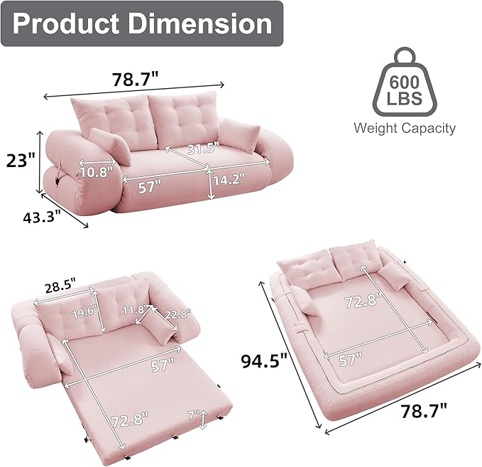 78.7 Folding Sofa Bed Queen Foldable Floor Futon Sofa Sleeper Convertible Boneless Mattress Loveseat Cloud Couch for Home Living Room Bedroom Lounge Apartment and Small Spaces Pink Teddy