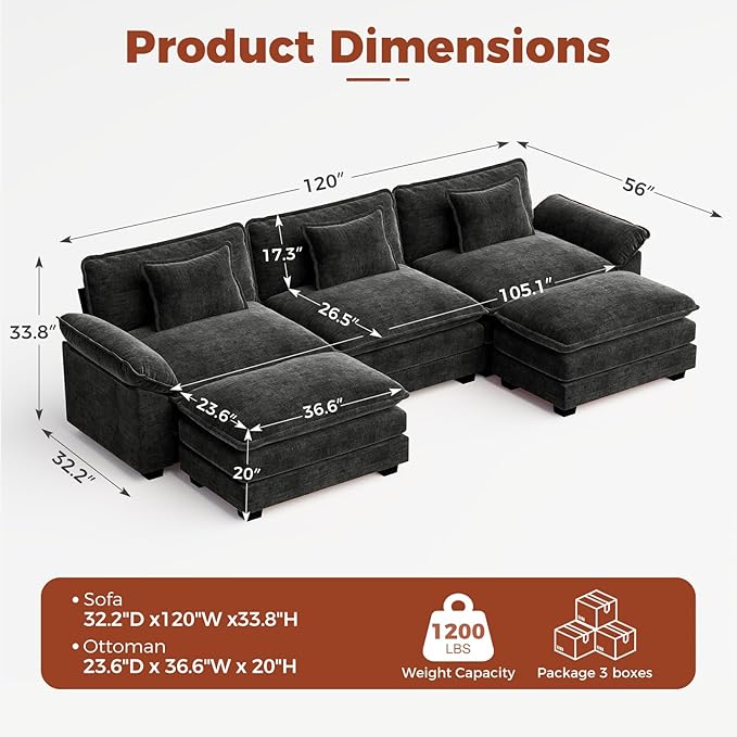 CDCASA 120 Oversized Modular Sectional Sofa Comfy U-Shaped Cloud Couch w/ 2 Movable Ottoman 5-Seater Chenille Deep Seat Modern Sofa Couch for Living Room DIY Combination Black