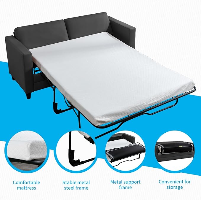 Mjkone Full Size Pull Out Sofa Bed 2-in-1 Modern Loveseat Couch Bed with Memory Form Mattress Faux Leather Convertible Sleeper Sofa Couch for Living Room Office Apartment and Small Space Grey