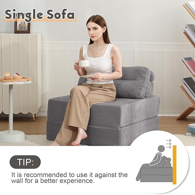 MeMoreCool Folding Sofa Bed Single Grey – Convertible Sleeper Chair with Back Support | Foldable Floor Lounge Mattress Chair with Headrest &amp Lumbar Pillow Ideal for Living Room Bedroom Guest Spa