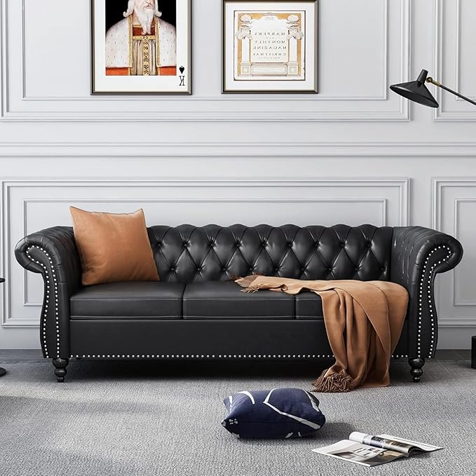 AVZEAR Chesterfield Leather Sofa 3 Seater Couch Mid-Century Large Sofa Roll Arm Classic Tufted Settee Modern PU Sofa with Channel Tufted Seat Back for Living Room Office Apartment PU Black