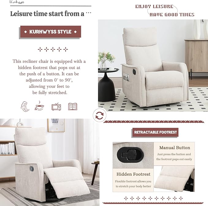 Rocking Recliner Chair with Heat and Massage 360° Swivel Glider Rocker with Reclining Backrest and Footrest Modern Nursery Rocking Chairs for Adults for Bedroom Living Room Office (Beige)