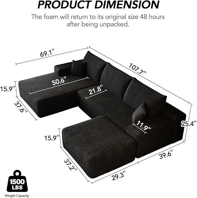 107.7 Boneless Sectional Couch Modern Modular U - Shape Corduroy Upholstered Sofa for Living Room - Deep Seat with Chaise and Ottoman(Black 2 Seater+Left Facing Chaise+Ottoman)