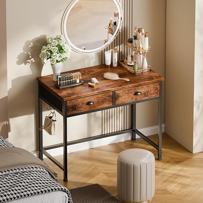 Furologee Small Computer Desk with 2 Fabric Drawers for Bedroom34 Inch Home Office Writing Desk Vanity Desk with Hooks Simple Study Desk for Small Spaces Makeup Dressing Table Rustic Brown