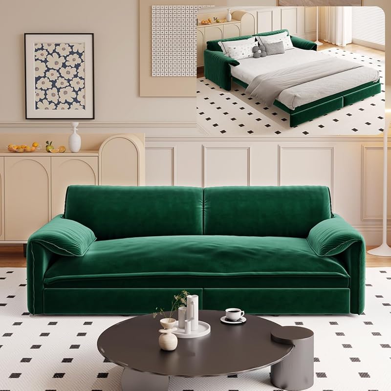 66 Queen Size 3-in-1 Convertible Pull Out Sofa Bed with Side Storage for Small Spaces Multi-Functional Velvet Sleeper Sofa with Wheels for Living Room and Bedroom (Green)