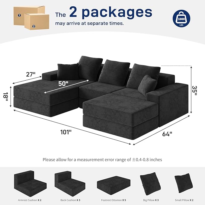 Living&ampGiving 101 U-Shaped Cloud Sectional Couch for Living Room Cloud Boneless Couch-No Assembly with Reversible Chaise Customizable 3-Seat Modular Sectional Sofa with 2 Ottoman Black