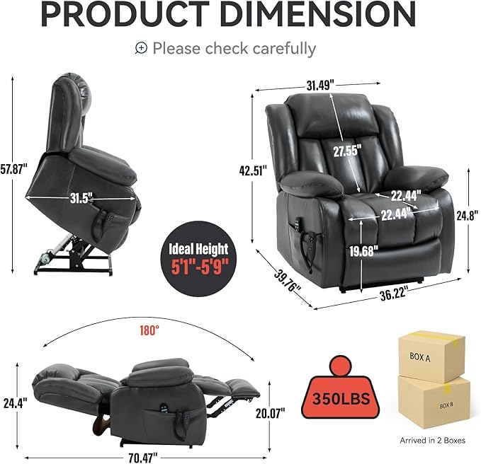 KEIKI Oversized Recliner Chair Electric Dual Motor Lift Leather Recliner for Elderly Synthetic Leather Upholstery with Infinite Position and Back Massager with Heat Rocking Lounge Chair Grey