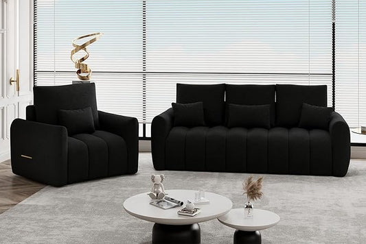 2 Piece Cloud Couch and Chair Set for Living Room Comfy Plush Teddy Sectional 3-Seater Couches with Pillows and Back Cushions Modern Deep Seat Oversized Sofa for Bedroom Apartment Black