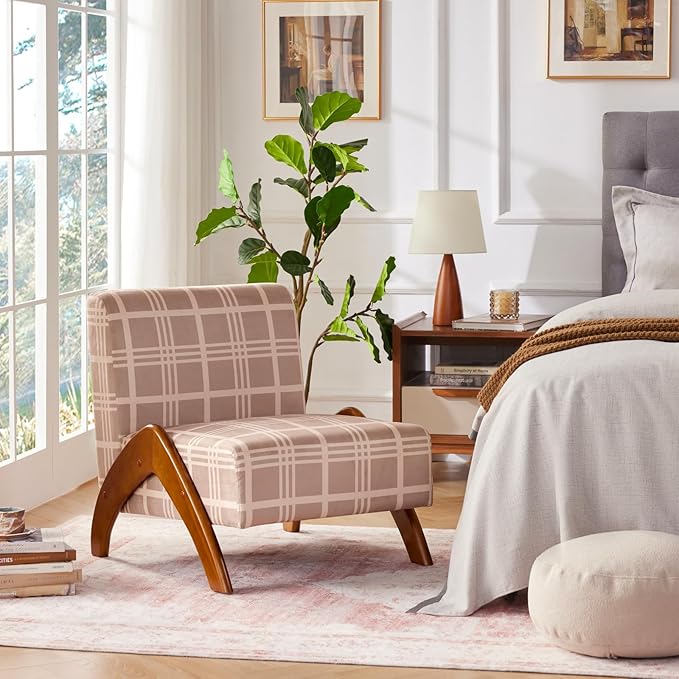 Oversized Accent Chair upholstered armless mid Century Modern Living Room Chair with Wooden Legs for Bedroom/Office/Cafe Plaid Camel