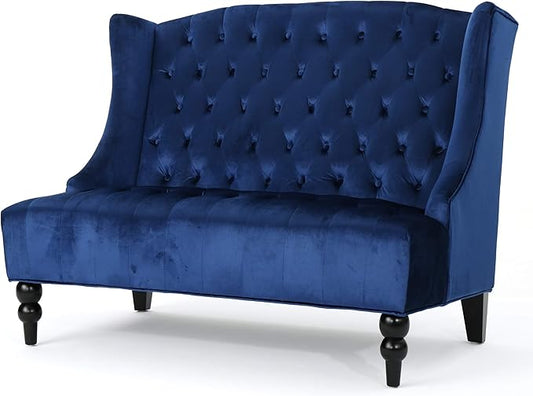 GDFStudio Modern Glam Tufted Velvet Wingback Loveseat Navy Blue and Dark Brown
