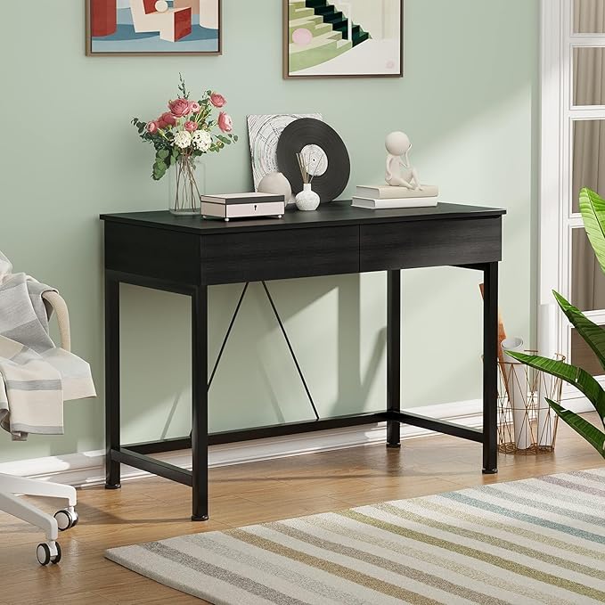 CAIYUN Small Computer Desk with Drawers 39.4 Inch Home Office Desks with Storage Simple Modern Kids Desk Vanity Desk for Bedroom Work Study Writing Desk Table for Small Spaces (Black Wooden)