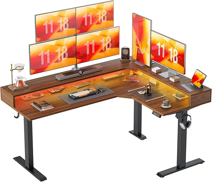 TIQLAB 63'' L-Shaped Standing Desk with LED Light Strip and Power Outlet Height Adjustable Corner Table with Ergonomic Monitor Stand Black Walnut