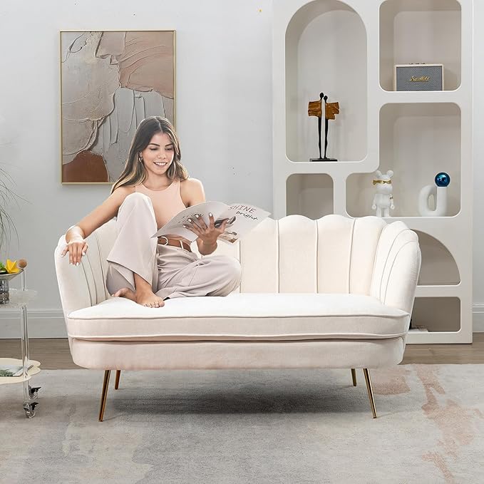 Modern Chenille Loveseat CouchFuton Small Sofa with Gold Metal Legs 2-Seater Upholstered Mini Sofa Couches for Small SpaceLiving Room Bedroom Office Dorm Studio Apartment Love Seat Couche(Ivory)