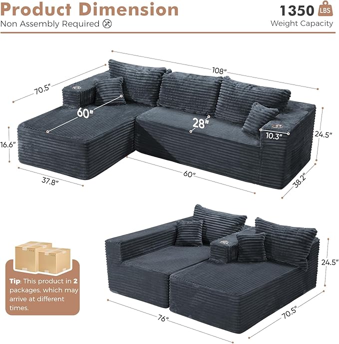 ELUCHANG Oversized 108” Boneless Couch Comfy Cloud Modular Sectional Sofa L-Shape Sofa with Chaise Memory Foam Upholstered Couch for Living Room Bedroom No Assembly Required Corduroy Blue