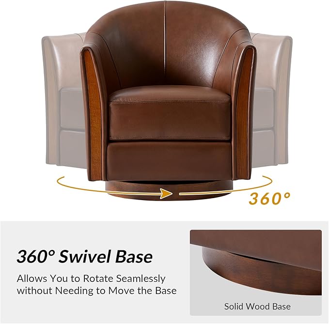 Classic Genuine Leather Swivel Barrel Chair with Solid Wood Base Comfortable Design for Living Room &amp Lounge Brown
