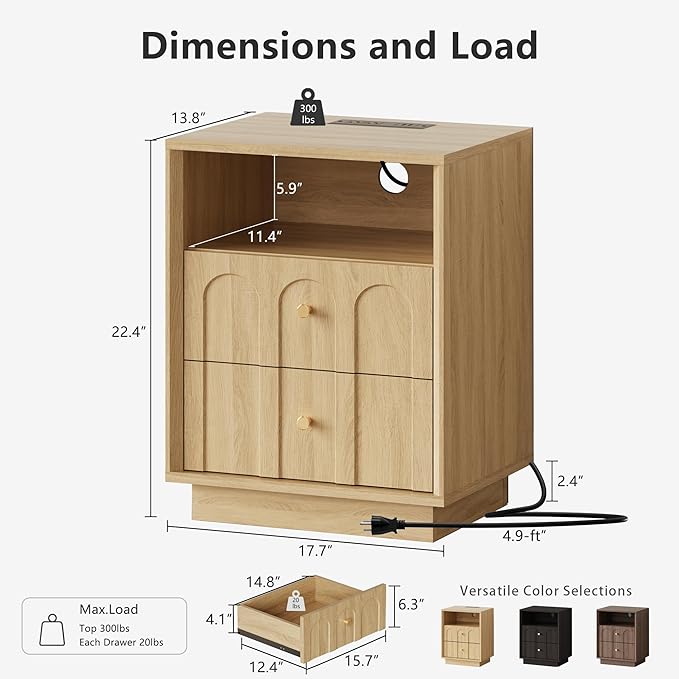 Nightstand with Charging Station Mid Century Modern Nightstand with Arched Design Boho End Table with Wood Grain Texture Bedside Table for Bedroom Living Room Sofa Office Oak