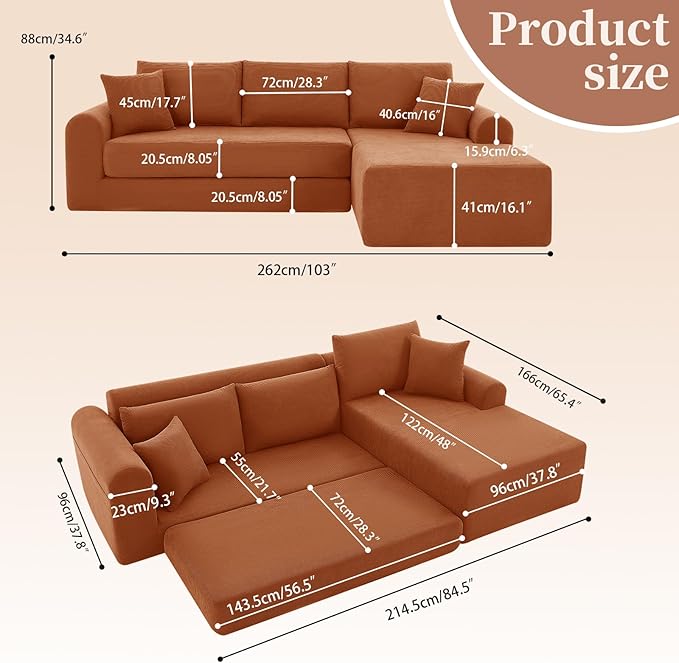KBQ Modular Sectional Couch in a Box 103 L Shaped Boneless Cloud Couch with Deep Seat Convertible Sofa Bed for Living Room Bedroom Apartments No Assembly Required Orange Right Facing Chaise