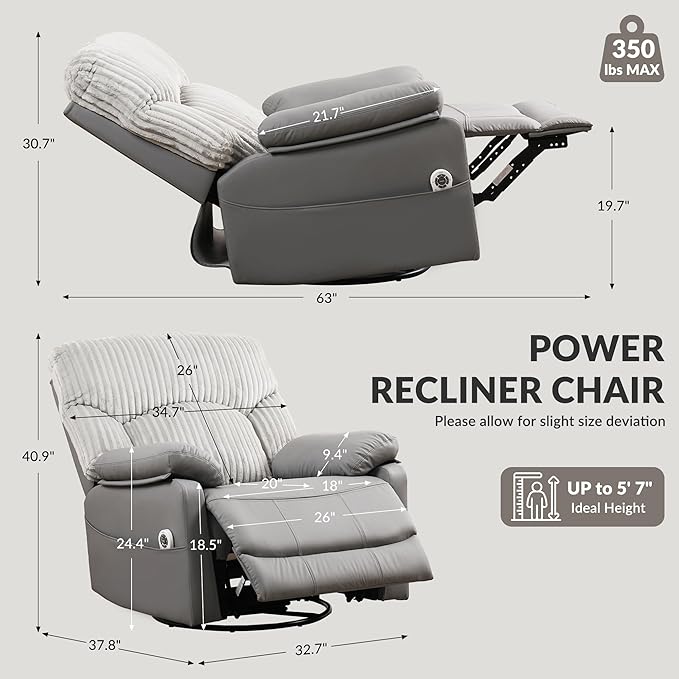 GRAINELL Swivel Rocker Recliner Chair with Massage and Heat USB Charging Port Infinite Position Power Recliner Electric Glider Rocking Chairs for Living Room Nursery (Grey)