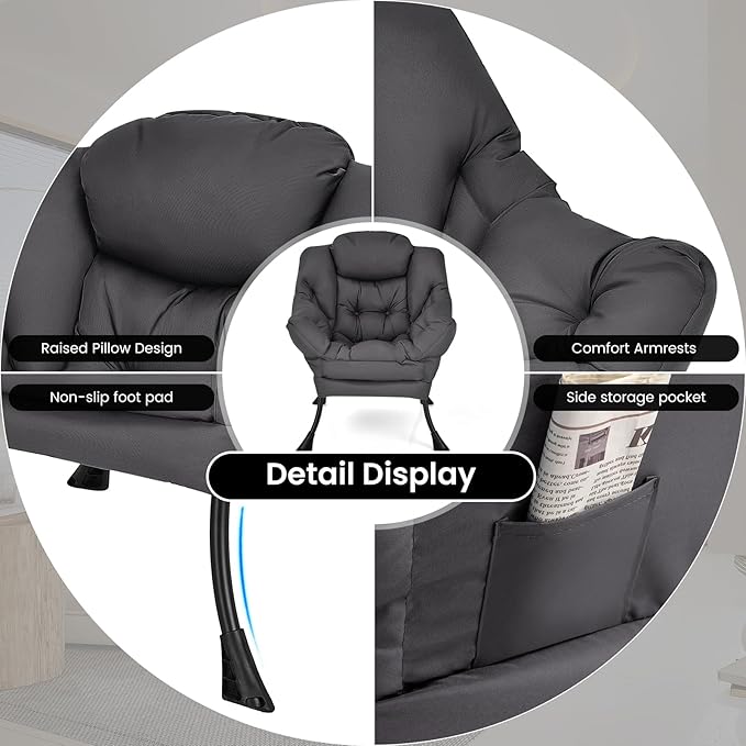 GORELAX Modern Lazy ChairUpholstered Lounge Accent Chair Single Leisure Sofa Chair with Armrests &amp Side Pocket Comfy Reading Chair for Bedroom Living Room Dorm Room (Grey)
