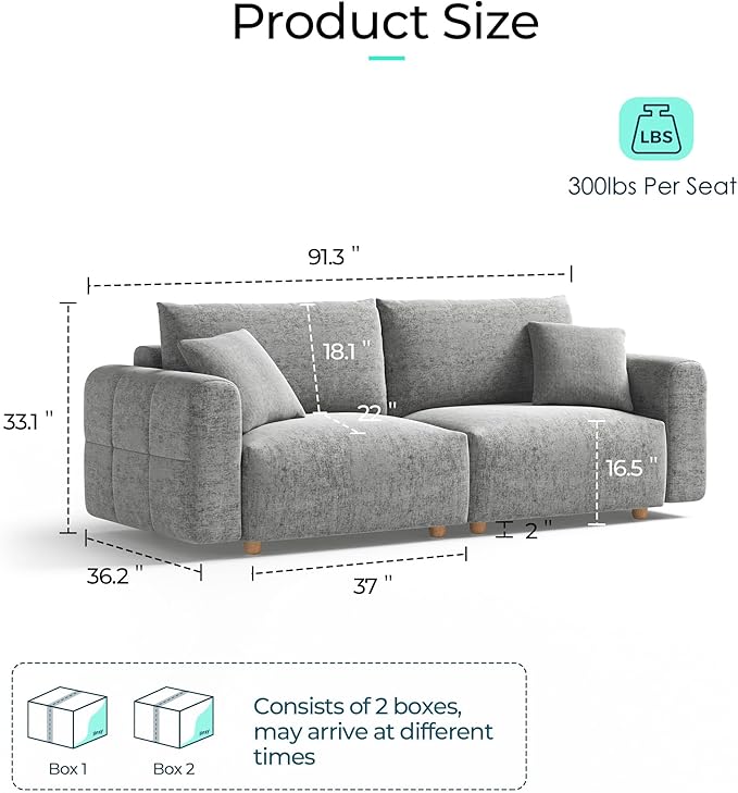 LINSY HOME Cloud Couch Sectional Modular Sofa Sectionals for Living Room Bedroom 91 2 Seater Love Seat Couch Deep Seat Cozy Couch Luxury Chenille Sofas Grey