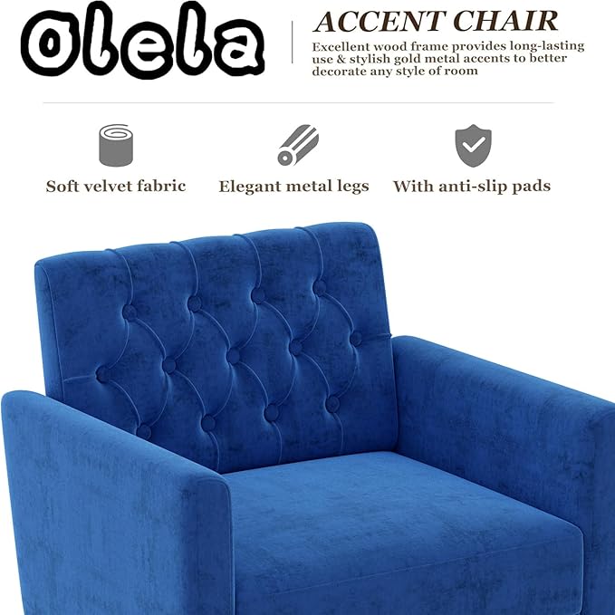 Olela Accent Chair with Arm for Living Room Velvet Modern Armchair Single Sofa Cozy Tufted Upholstered Reading Side Chairs with Gold Metal Leg for Bedroom Decorate Dark Blue