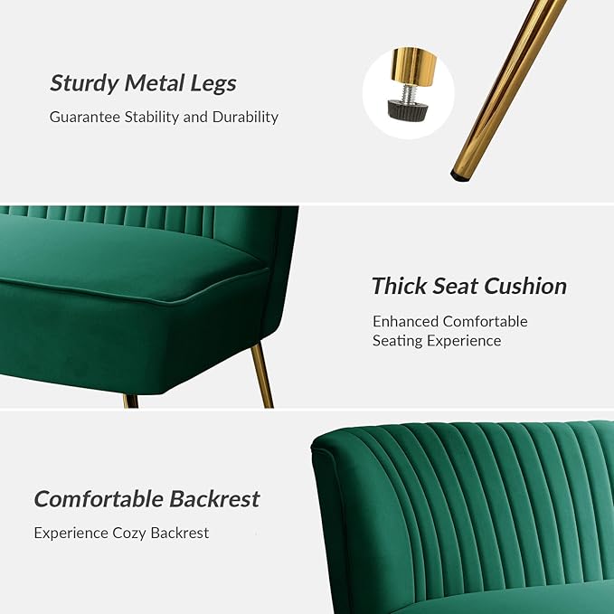 HULALA HOME Velvet Loveseat Sofa with Gold Legs Mid-Century Modern Upholstered Love seat Couch Tufted Small 2-Seat Sofa Armless for Living Room Bedroom Apartment Small Spaces Green