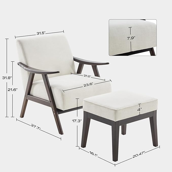 Accent Chair with Ottoman Upholstered Mid Century Chair and Footrest Solid Wood Arm Chair Living Room Chairs and Ottoman Set Beige RF412
